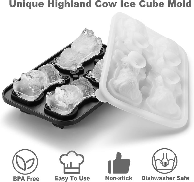 ACOOKEE 3D Highland Cow Ice Cube Tray Fun Shapes, Novelty Highland Cow Gifts, Holiday Stocking Stuffers for Men Women, Cute Highland Cattle Ice Mold for Whiskey,Cocktail,Bourbon - Image 3